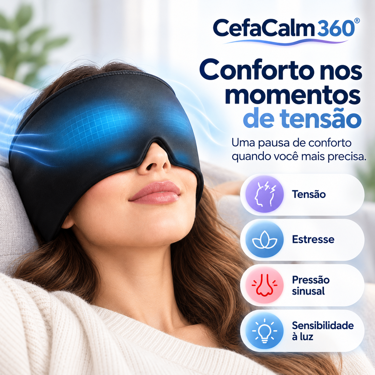 Mulher relaxando com a touca CefaCalm 360 em momentos de tensão
