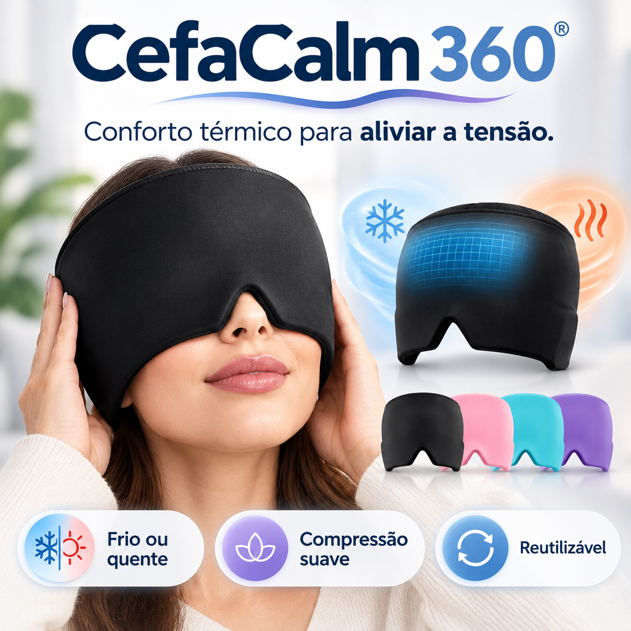 Modelo usando a touca CefaCalm 360 ao lado do produto nas cores disponíveis