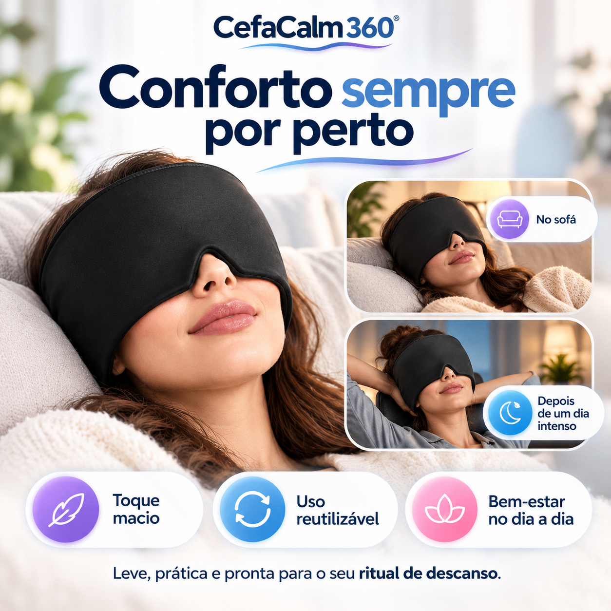 Mulher descansando no sofá com a touca CefaCalm 360