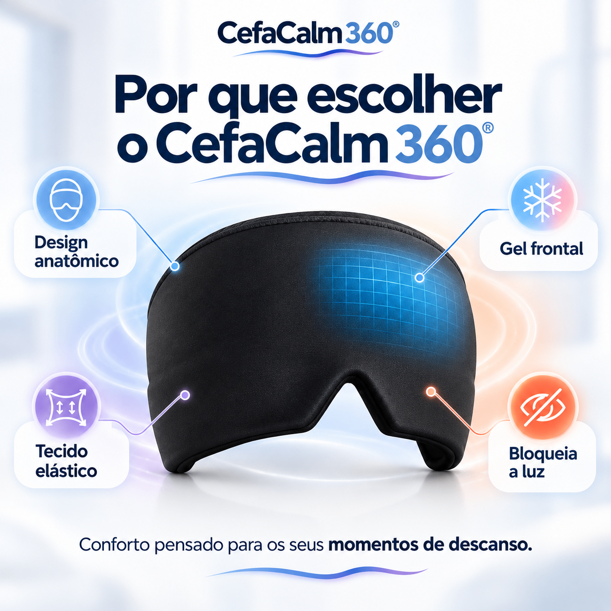 Por que escolher a CefaCalm 360: design anatômico, gel frontal, tecido elástico