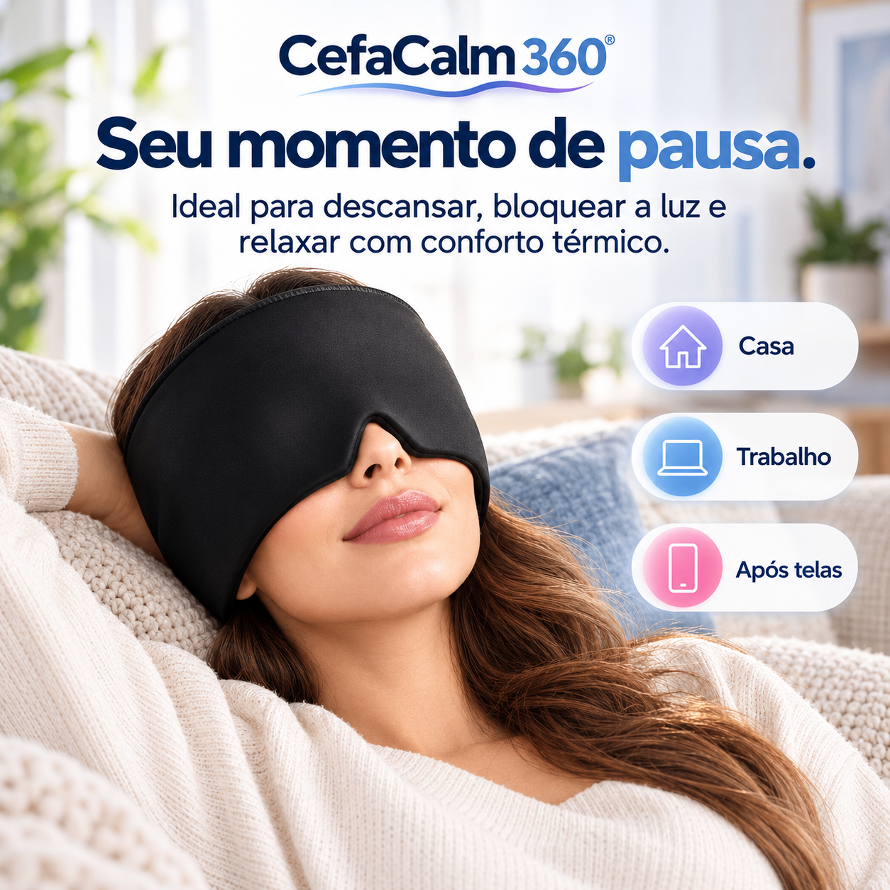 Seu momento de pausa: mulher descansando com a touca CefaCalm 360